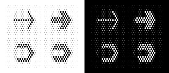 Poster - Modern abstract dotted arrows in hexagon shape. Black shapes on a white background and the same white shapes on the black side.