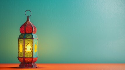 Wall Mural - A lit Ramadan lantern against a teal background