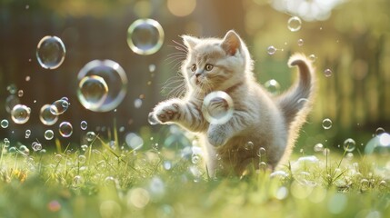 A kitten is playing with bubbles in a grassy field
