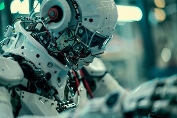 Poster - Closeup of an advanced humanoid robot with intricate wiring, against a tech lab backdrop