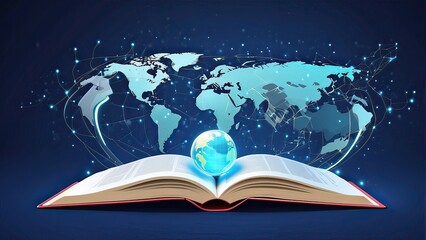 futuristic world education with a planet map and open book with a blue background. In the digital future, a modern digital book for education A modern digital textbook for education in a digital futur