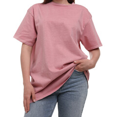 Wall Mural - Woman in stylish pink t-shirt on white background, closeup