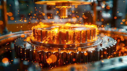 Poster - Close-up of a futuristic, illuminated circuit board with glowing blue and orange lights, showcasing a central interface surrounded by intricate electronic components