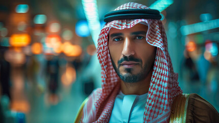 Portrait of a young arabian man in the city at night