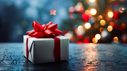 Wall Mural - A white gift box with a red bow sits on a dark table in front of a blurred Christmas tree with warm, twinkling lights