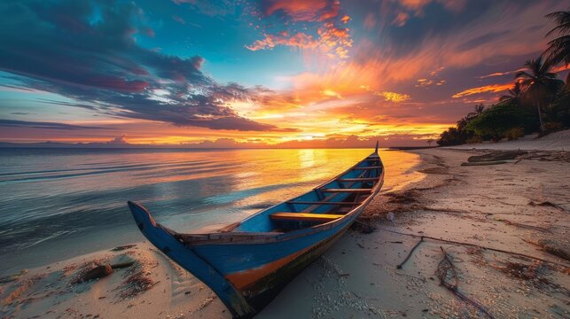 A blue boat is sitting on the beach at sunset