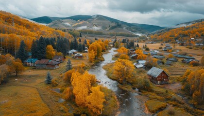 Wall Mural - Aerial View of Autumnal Landscape With Winding River and Small Village