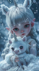 Wall Mural - A little girl holding a stuffed animal in the snow
