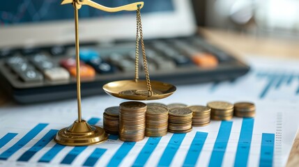 Sticker - Gold Scale and Coin Stacks on Financial Graph.