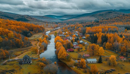 Sticker - Aerial View of Autumnal Landscape With Winding River and Small Village