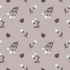 Canvas Print - Seamless pattern, cotton branches on a beige background. Background, textile, vector