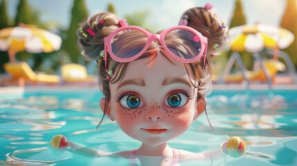 Poster - A little girl in a pool wearing pink sunglasses