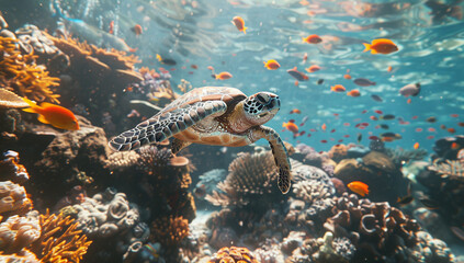 Wall Mural - turtle with group of colorful fish and sea animals with colorful coral underwater in ocean	
