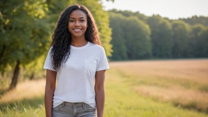 Wall Mural - Young black woman wearing white t-shirt and grey jeans standing in nature