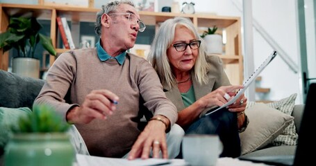 Poster - Paperwork, stress and senior couple on couch with home budget, pension plan or insurance application. Debt, man and woman on sofa with retirement documents, tax invoice or discussion in living room