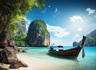 Sticker - Tranquil Tropical Beach with Boat and Limestone Cliffs