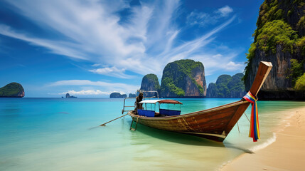 Sticker - Idyllic Tropical Beach with Longtail Boat