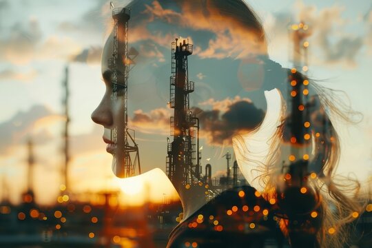 Silhouette of a woman with oil rigs in the background, symbolizing the impact of industry on nature.