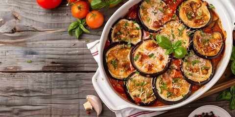 Wall Mural - Eggplant Parmesan in a white casserole dish on a rustic background. Concept Food Photography, Italian Cuisine, Comfort Food, Vegetarian Dishes, Rustic Presentation