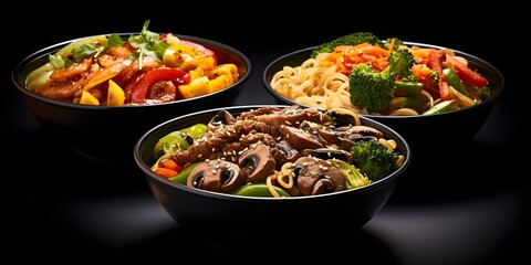 Poster - Assorted bowls of stir-fry noodles with vegetables and beef on white background. Concept Food Photography, Stir-fry Noodles, Assorted Bowls, Beef, Vegetables, White Background