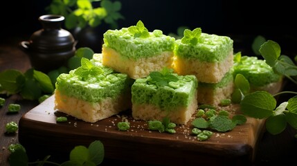 Wall Mural - A plate of green rice cakes topped with fresh mint leaves.

