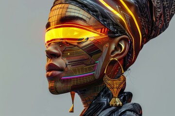 Poster - closeup portrait of futuristic african female cyborg with neon lights and advanced technology. showc