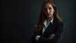 © The Little Hut - Portrait woman and confident as lawyer in studio on dark background for career growth or opportunity Mockup female person and committed with law firm company and startup business as le : Generative AI