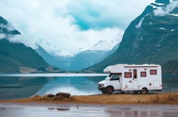 Poster - Motorhome Travel in Serene Mountain Lake Scenery