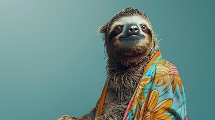 Wall Mural - Surreal of a Sloth Dressed in Bohemian Attire on Plain Colored Background