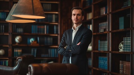 Aufkleber - Business man portrait and library with mockup space confidence and our vision in office Professional CEO and corporate attorney at a law firm with executive by legal books at lawyer co : Generative AI