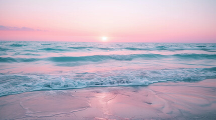 Wall Mural - A beautiful beach scene with a pink and purple sky. The water is calm and the sun is setting