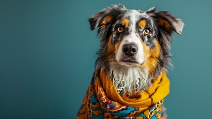 Wall Mural - Surreal Portrait of Fashionable Australian Shepherd Dog in Bohemian Attire on Plain Background