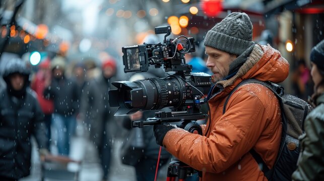 film director at work on set in winter urban environment