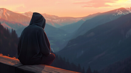 A person is sitting on a ledge overlooking a mountain range. The sun is setting, casting a warm glow over the scene. The person appears to be in a contemplative mood