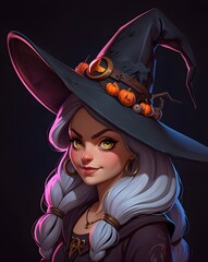 Wall Mural - Beautiful cartoon style girl with hat in witch costume isolated. Illustration. Generative AI