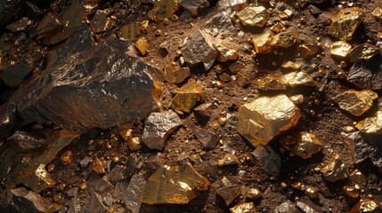 Wall Mural - Gleaming Gold Nuggets on Rocky Terrain