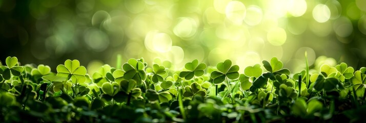 Wall Mural - A close-up image of a field of shamrocks, bathed in warm sunlight, with a soft focus background of lush green foliage