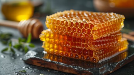 Wall Mural - Fresh Honeycomb Stacked on Slate Plate