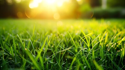 Wall Mural - A close-up shot of green grass blades bathed in the warm glow of the setting sun