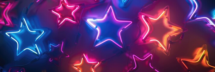 Neon elegant stars. A glowing banner with shining stars as a template for greeting cards, invitations, and advertisements. Festive background.