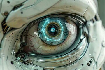 Poster - closeup detailed view of futuristic cybernetic eye with advanced robotic artificial intelligence tec
