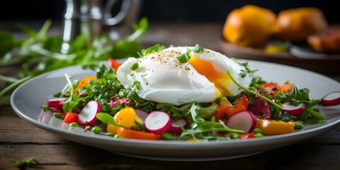 Wall Mural - Luscious Meal Vibrant Salad with Fresh Veggies and Poached Eggs. Concept Food Photography, Vibrant Colors, Fresh Ingredients, Poached Eggs, Luscious Salad