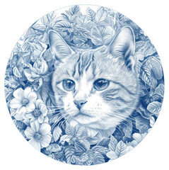 Poster - PNG  Circle frame of cat and flower drawing sketch mammal.