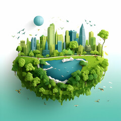 World Environment Day,  Save the Planet concept. Earth Day. Floating green city with building concept, Eco friendly environment