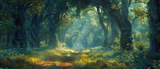a tranquil journey through the sunlit path of a vibrant forest
