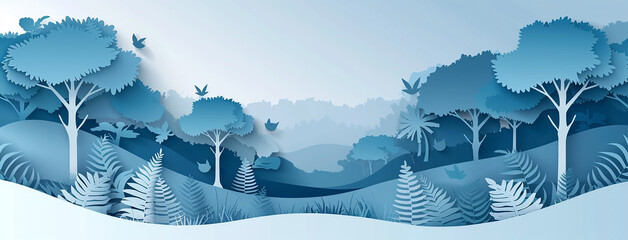 wide horizontal jungle illustration with layers of trees plants and leaves in blue color tones and mountain range 3d background