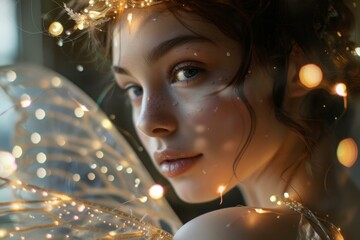 Wall Mural - Close up portrait of a young adult woman illuminated by warm and enchanting fairy lights, creating a magical and ethereal atmosphere