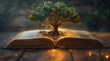 An open book with an illustration of a tree growing from the pages, symbolizing knowledge and growth. The background is a dark wood table with warm light shining on it. In front, there is a glowing