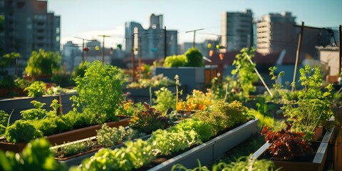 Wall Mural - City Dwellers Embrace Sustainable Rooftop Gardens for Urban Farming. Concept Urban Farming, Sustainable Agriculture, Rooftop Gardens, City Living, Environmental Awareness