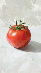 Wall Mural - Red tomato standing on white surface with green stem